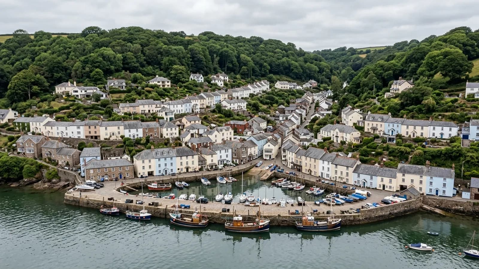 A South Devon harbour town from above the water, fishing boats along a stone quay and pastel houses climbing the steep hillside in terraces behind